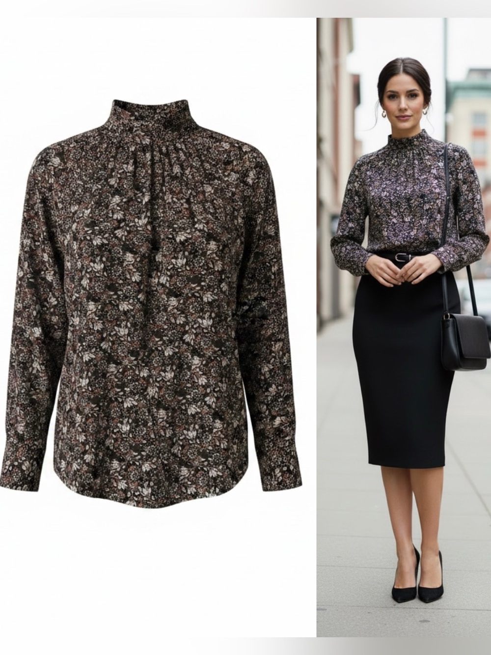 LOFT Multicolor Floral Print Blouse Multicolor Black White Medium